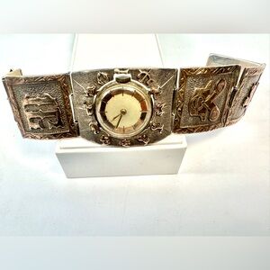 Vintage Silver Panel Bracelet Watch Animal Motif Ethnographic Art Deco Statement
